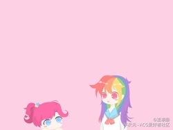 Size: 1440x1080 | Tagged: safe, artist:亚凛酸, derpibooru import, pinkie pie, rainbow dash, human, blush sticker, blushing, chibi, clothes, female, humanized, japanese school uniform, looking at each other, pink background, ponytail, school uniform, simple background