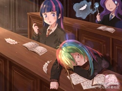 Size: 2224x1668 | Tagged: safe, artist:vivid_unicorn, derpibooru import, rainbow dash, rarity, twilight sparkle, human, :o, anime, book, classroom, clothes, feather, harry potter, humanized, magic, magic wand, necktie, open mouth, school uniform, sleeping, wand