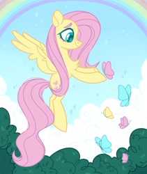 Size: 1731x2048 | Tagged: safe, artist:n in a, derpibooru import, fluttershy, butterfly, pegasus, pony, chest fluff, cute, flying, rainbow, shyabetes, smiling, solo, wingding eyes