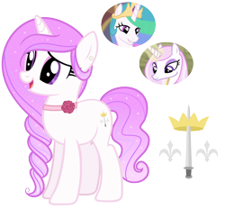 Size: 2050x1900 | Tagged: safe, derpibooru import, fleur-de-lis, princess celestia, oc, pony, unicorn, base used, braid, carnation, choker, crown, ear piercing, earring, eyeshadow, female, fleurestia, flower, fusion, jewelry, lesbian, makeup, mare, neck accessory, offspring, open mouth, open smile, parent:fleur-de-lis, parent:princess celestia, parents:fleurestia, pearl, piercing, regalia, shipping, simple background, smiling, sword, transparent background, weapon