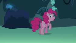 Size: 1280x720 | Tagged: safe, derpibooru import, screencap, pinkie pie, earth pony, pony, too many pinkie pies, butt, female, looking back, mare, plot, raised hoof, solo