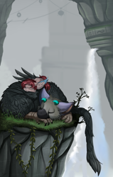 Size: 2550x4009 | Tagged: safe, artist:pridark, derpibooru import, oc, oc:rose scribbles, pegasus, pony, absurd resolution, commission, commissioner:th3bluerose, crossover, eyes closed, the last guardian, trico, video game crossover