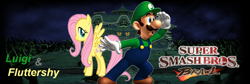 Size: 1024x346 | Tagged: safe, artist:nintendostarknight, derpibooru import, fluttershy, human, pegasus, pony, crossover, luigi, luigi's mansion, luigishy, nintendo, super mario bros., super smash bros., super smash bros. brawl, wallpaper