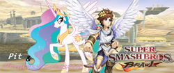 Size: 1024x432 | Tagged: safe, artist:nintendostarknight, derpibooru import, princess celestia, alicorn, angel, human, pony, angelic wings, crossover, crown, jewelry, kid icarus, kid icarus: uprising, necklace, nintendo, pit (kid icarus), regalia, super smash bros., super smash bros. brawl, wallpaper, wings