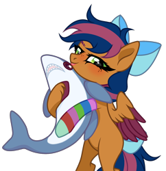 Size: 2052x2124 | Tagged: safe, artist:ash12, derpibooru import, oc, oc only, oc:solar comet, pegasus, shark, bipedal, bow, clothes, cute, hair bow, hug, looking at you, plushie, simple background, smug, sock, socks, solo, spread wings, striped socks, tail bow, tongue out, transparent background, wings