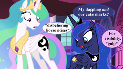 Size: 1280x720 | Tagged: safe, derpibooru import, edit, edited screencap, screencap, princess celestia, princess luna, alicorn, pony, a royal problem, angry, canterlot castle, crown, descriptive noise, dialogue, female, horse noises, implied starlight glimmer, jewelry, mare, peytral, regalia, speech bubble, swapped cutie marks