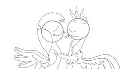 Size: 1920x1080 | Tagged: safe, artist:noidavaliable, derpibooru import, edit, gallus, silverstream, classical hippogriff, griffon, hippogriff, cute, diastreamies, eyes closed, female, gallabetes, gallstream, gift art, interspecies, kissing, male, shipping, simplified, spread wings, straight, wingboner, wings