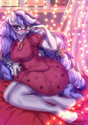 Size: 2480x3508 | Tagged: safe, artist:hikerumin, derpibooru import, oc, oc:cinnabyte, anthro, breasts, clothes, dress, female, glasses, gloves, solo