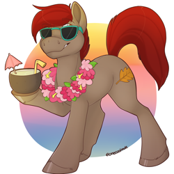 Size: 2000x2000 | Tagged: safe, artist:onecoolmule, derpibooru import, oc, oc only, oc:autumn leaf, earth pony, pony, cocktail, cocky, coconut drink, commission, flower necklace, frog (hoof), grin, lei, lifted leg, short mane, smiling, straw, summer, sunglasses, underhoof, vacation