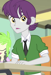 Size: 571x828 | Tagged: safe, derpibooru import, screencap, indigo wreath, a little birdie told me, better together, equestria girls, cropped, desk, shocked