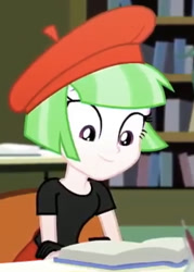 Size: 377x527 | Tagged: safe, derpibooru import, screencap, drama letter, watermelody, equestria girls, beret, book, cropped, female, hat, library, solo