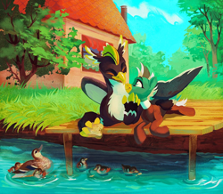 Size: 1024x892 | Tagged: safe, artist:dearmary, derpibooru import, oc, oc only, oc:duk, oc:ping wing, bird, duck, griffon, pegasus, pony, house, pier, solo, tree, water