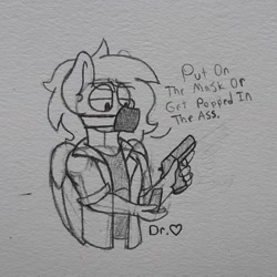 Size: 1554x1554 | Tagged: safe, artist:drheartdoodles, derpibooru import, oc, oc:dr.heart, anthro, pegasus, artist signature, clothes, clydesdale, coat, dialogue, doctor, gun, male, mask, stallion, traditional art, weapon