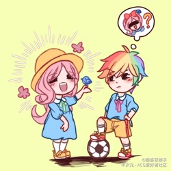 Size: 1668x1668 | Tagged: safe, artist:dez, derpibooru import, fluttershy, rainbow dash, bird, human, child, clothes, dress, duo, female, football, hat, humanized, shorts, sports, thought bubble, tomboy, younger