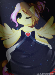 Size: 1096x1499 | Tagged: safe, artist:beabi-chan, derpibooru import, oc, oc:aria sunsong, pegasus, clothes, dress, one eye closed, pegasus oc, solo, wings, wink