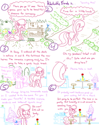 Size: 4779x6013 | Tagged: safe, artist:adorkabletwilightandfriends, derpibooru import, daisy, flower wishes, lily, lily valley, spike, dragon, comic:adorkable twilight and friends, above, above view, adorkable, adorkable friends, aerial, blank flank, blushing, break room, butt, comic, couple, cute, date, dimples, dimples of venus, dork, flower, food, garden, happy, humor, lilyspike, love, lunch, lunch break, lunch date, nursery, outdoors, perspective, plant, plot, pushing, romance, rose, sandwich, shovel, sitting, slice of life, soup, stool, table, wholesome, work, work bench