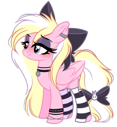 Size: 2202x2383 | Tagged: safe, artist:emberslament, derpibooru import, oc, oc only, oc:bay breeze, pegasus, pony, blushing, bow, bracelet, clothes, collar, cute, eyeshadow, female, goth, hair bow, jewelry, makeup, mare, piercing, simple background, snake bites, socks, striped socks, tail bow, transparent background