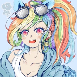 Size: 1080x1080 | Tagged: safe, artist:yaichi ayabe, derpibooru import, rainbow dash, human, blue background, breasts, bust, cleavage, clothes, cute, cutie mark, dashabetes, ear fluff, eared humanization, female, goggles, hoodie, humanized, kotobukiya, kotobukiya rainbow dash, light skin, looking at you, open mouth, pixiv, simple background, solo, tanktop, winged humanization, wings