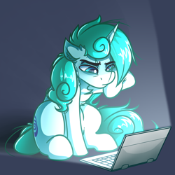 Size: 4000x4000 | Tagged: safe, artist:witchtaunter, derpibooru import, oc, oc:rainspeak, pony, unicorn, computer, laptop computer, solo, tired