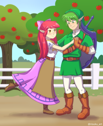 Size: 2500x3056 | Tagged: safe, artist:riouku, derpibooru import, apple bloom, spike, human, apple, apple tree, clothes, commission, cosplay, costume, female, humanized, link, male, malon, shield, shipping, spikebloom, straight, sweet apple acres, sword, the legend of zelda, tree, weapon