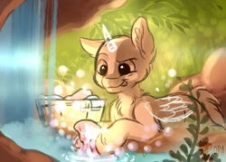 Size: 700x500 | Tagged: safe, artist:zobaloba, derpibooru import, pony, any gender, any specie, auction, bubble, clothes, commission, grass, nature, rock, sketch, solo, washing, waterfall, your character here