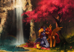 Size: 4330x3055 | Tagged: safe, artist:koviry, derpibooru import, oc, oc only, pegasus, pony, basket, blushing, cave, commission, cutie mark, food, picnic basket, picnic blanket, scenery, water, waterfall