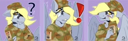 Size: 1280x416 | Tagged: safe, artist:sintacle, derpibooru import, derpy hooves, anthro, pegasus, army, blushing, commission, digital art, emotes, exclamation point, female, floppy ears, glasses, hat, question mark, shocked, shocked expression, simple background, solo, spread wings, wings