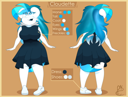 Size: 2300x1750 | Tagged: safe, alternate version, artist:dannykay4561, oc, oc only, oc:cloudette, anthro, pegasus, plantigrade anthro, anthro oc, big breasts, blue lipstick, breasts, clothes, dress, female, freckles, front view, heart eyes, lipstick, long hair, mare, rear view, reference sheet, shoes, smiling, solo, standing, wingding eyes, wings