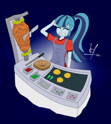 Size: 846x944 | Tagged: safe, artist:vicgop, sonata dusk, equestria girls, concession stand, food, gyros, knife, peppers, pineapple, taco, tacos al pastor, tacos de trompo, tortilla