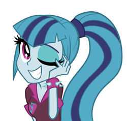 Size: 1102x1049 | Tagged: safe, artist:rileyav, sonata dusk, equestria girls, rainbow rocks, bedroom eyes, cute, grin, looking at you, shy, smiling, solo, sonatabetes, wink