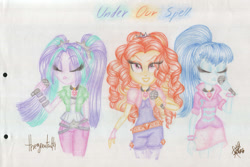 Size: 1024x683 | Tagged: safe, artist:queentigrel, adagio dazzle, aria blaze, sonata dusk, equestria girls, rainbow rocks, microphone, sketch, the dazzlings, traditional art