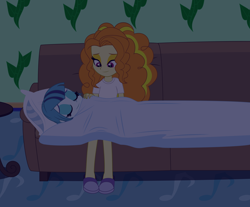 Size: 3992x3308 | Tagged: safe, artist:mit-boy, adagio dazzle, sonata dusk, equestria girls, clothes, cute, daaaaaaaaaaaw, dark, female, heartwarming, high res, lesbian, mamadagio, shipping, sisters, sleeping, slippers, sonagio, vector