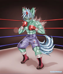 Size: 2430x2821 | Tagged: safe, artist:sixpathsoffriendship, oc, oc only, oc:safewake, anthro, unicorn, boxing, boxing gloves, boxing ring, clothes, come at me bro, hajime no ippo, muscles, shorts, solo, topless