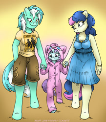 Size: 867x1000 | Tagged: safe, artist:kaemantis, bon bon, liza doolots, lyra heartstrings, petunia, sweetie drops, tootsie flute, anthro, human, jigglypuff, unguligrade anthro, clothes, daughter, ear piercing, family, female, kigurumi, lesbian, lyrabon, lyrabontoots family, magical lesbian spawn, mother, offspring, parent:bon bon, parent:lyra heartstrings, parents:lyrabon, shipping, tootsie cute