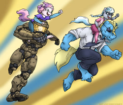 Size: 1100x939 | Tagged: safe, artist:kaemantis, silver spoon, sweetie belle, oc, oc:sticker shock, anthro, unguligrade anthro, chief and belle, clothes, crossover, halo (series), master chief, unshorn fetlocks