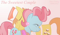 Size: 1004x600 | Tagged: safe, artist:haretrinity, carrot cake, cup cake, earth pony, pony, carrot cup, female, happy, hug, male, shipping, straight