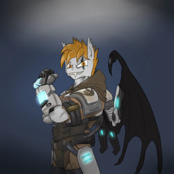 Size: 894x894 | Tagged: safe, artist:slouping, oc, oc:frostborn, anthro, bat pony, anthro oc, armor, bat wings, crossover, evolve, fangs, looking at you, medic, runes, scar, smirk