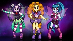 Size: 1810x1028 | Tagged: safe, artist:bswprecious, adagio dazzle, aria blaze, sonata dusk, equestria girls, fin wings, heart hands, ponied up, sandals, the dazzlings, transformation