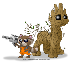 Size: 1024x941 | Tagged: safe, artist:aleximusprime, commission, groot, guardians of the galaxy, gun, ponified, rocket raccoon, simple background, transparent background