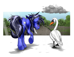 Size: 2583x2000 | Tagged: safe, artist:mykegreywolf, oc, oc only, oc:rain lullaby, swan, cloud, grin, rain, raised hoof, smiling, solo, underhoof