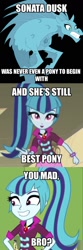 Size: 606x1822 | Tagged: safe, artist:sloththechaos666, screencap, sonata dusk, hippocampus, merpony, siren, equestria girls, best pony, caption, frown, glare, grin, gritted teeth, image macro, looking at you, meme, open mouth, pointing, sharp teeth, smiling, teeth, text, wide eyes, you mad bro