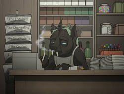 Size: 1505x1137 | Tagged: safe, artist:mickeymonster, oc, oc only, oc:weevil, changeling, fanfic:citizen weevil, bags under eyes, cash register, changeling oc, cigarette, fanfic art, lollipop, male, newspaper, shopkeeper, smoking, solo