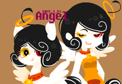 Size: 650x450 | Tagged: safe, artist:snow angel, oc, oc only, oc:snow angel, pegasus, pony, equestria girls, bell, bell collar, collar, digital art, equestria girls-ified, female, golden eyes, heterochromia, human ponidox, humanized, humanized oc, red eyes, simple background, square crossover