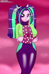 Size: 663x1000 | Tagged: safe, artist:chuyryu, aria blaze, better together, equestria girls, find the magic, sunset's backstage pass!, aria bazookas, big breasts, breasts, crossed arms, female, hips, looking at you, pigtails, polka dots, sexy, tsundaria, tsundere, twintails