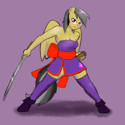 Size: 1000x1000 | Tagged: safe, artist:empyu, a.k. yearling, daring do, anthro, ayane, cosplay, dead or alive, female, katana, mare, solo, sword, weapon