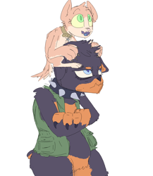 Size: 2134x2457 | Tagged: safe, artist:nobody, oc, oc only, oc:bits, oc:kibble, diamond dog, cute, diamond puppy, female diamond dog, shoulder ride, unamused