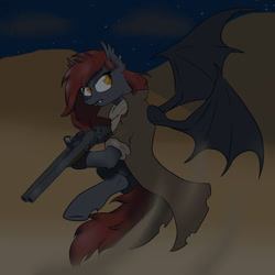 Size: 894x894 | Tagged: safe, artist:slouping, oc, oc only, oc:wraith, bat pony, pony, fallout equestria, bat wings, clothes, dust, ear piercing, gun, looking back, rifle, scarf, spread wings, weapon