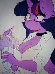 Size: 1536x2048 | Tagged: safe, artist:teranen, twilight sparkle, twilight sparkle (alicorn), alicorn, anthro, :i, big breasts, black socks, breasts, chest fluff, choker, cleavage, cleavage fluff, clothes, cup, female, food, glasses, headlight sparkle, milkshake, shirt, sitting, sketch, solo, straw