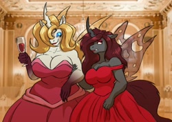 Size: 1280x906 | Tagged: safe, artist:pyc-art, oc, oc only, oc:aurora industry (ic), oc:victoria indy(ic), anthro, changeling, alcohol, big breasts, breasts, changeling oc, cleavage, clothes, dress, duo, female, mother and child, mother and daughter, parent and child, red changeling, white changeling, wine