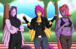 Size: 1224x792 | Tagged: safe, artist:marik azemus34, scootaloo, oc, anthro, age progression, alternate hairstyle, attitude, badass, belly button, clothes, come at me bro, eyeliner, gloves, jeans, leather, leather jacket, midriff, older, tanktop, tattoo, track, vest